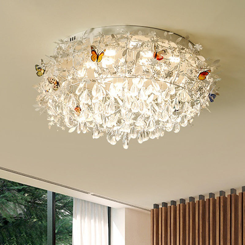18"/23.5" Wide Cascade Ceiling Mounted Light Contemporary Teardrop Crystal 5 Heads Nickel Flush Light Nickel 23.5" Clearhalo 'Ceiling Lights' 'Close To Ceiling Lights' 'Close to ceiling' 'Flush mount' Lighting' 283565