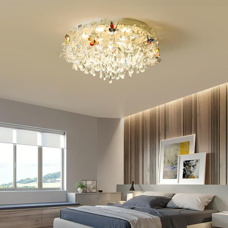 18"/23.5" Wide Cascade Ceiling Mounted Light Contemporary Teardrop Crystal 5 Heads Nickel Flush Light Clearhalo 'Ceiling Lights' 'Close To Ceiling Lights' 'Close to ceiling' 'Flush mount' Lighting' 283566