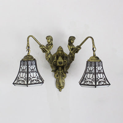 2 Heads Wall Light Fixture Baroque Dome/Flared Shape White/Blue/Purple Glass Sconce Light with Mermaid Decoration White Clearhalo 'Industrial' 'Middle century wall lights' 'Tiffany wall lights' 'Tiffany' 'Wall Lamps & Sconces' 'Wall Lights' Lighting' 28358