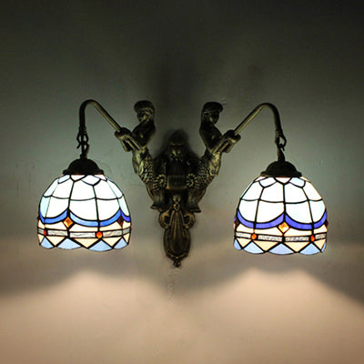 2 Heads Wall Light Fixture Baroque Dome/Flared Shape White/Blue/Purple Glass Sconce Light with Mermaid Decoration Blue Clearhalo 'Industrial' 'Middle century wall lights' 'Tiffany wall lights' 'Tiffany' 'Wall Lamps & Sconces' 'Wall Lights' Lighting' 28359