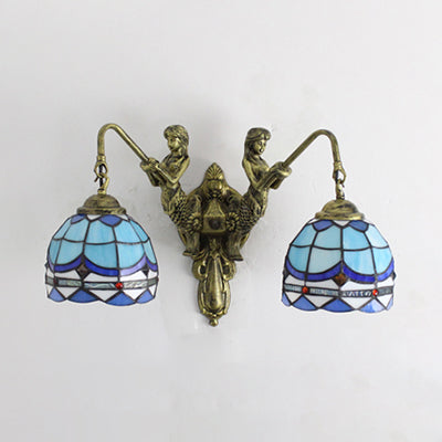 2 Heads Wall Light Fixture Baroque Dome/Flared Shape White/Blue/Purple Glass Sconce Light with Mermaid Decoration Clearhalo 'Industrial' 'Middle century wall lights' 'Tiffany wall lights' 'Tiffany' 'Wall Lamps & Sconces' 'Wall Lights' Lighting' 28360