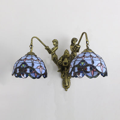 2 Heads Wall Light Fixture Baroque Dome/Flared Shape White/Blue/Purple Glass Sconce Light with Mermaid Decoration Clearhalo 'Industrial' 'Middle century wall lights' 'Tiffany wall lights' 'Tiffany' 'Wall Lamps & Sconces' 'Wall Lights' Lighting' 28362