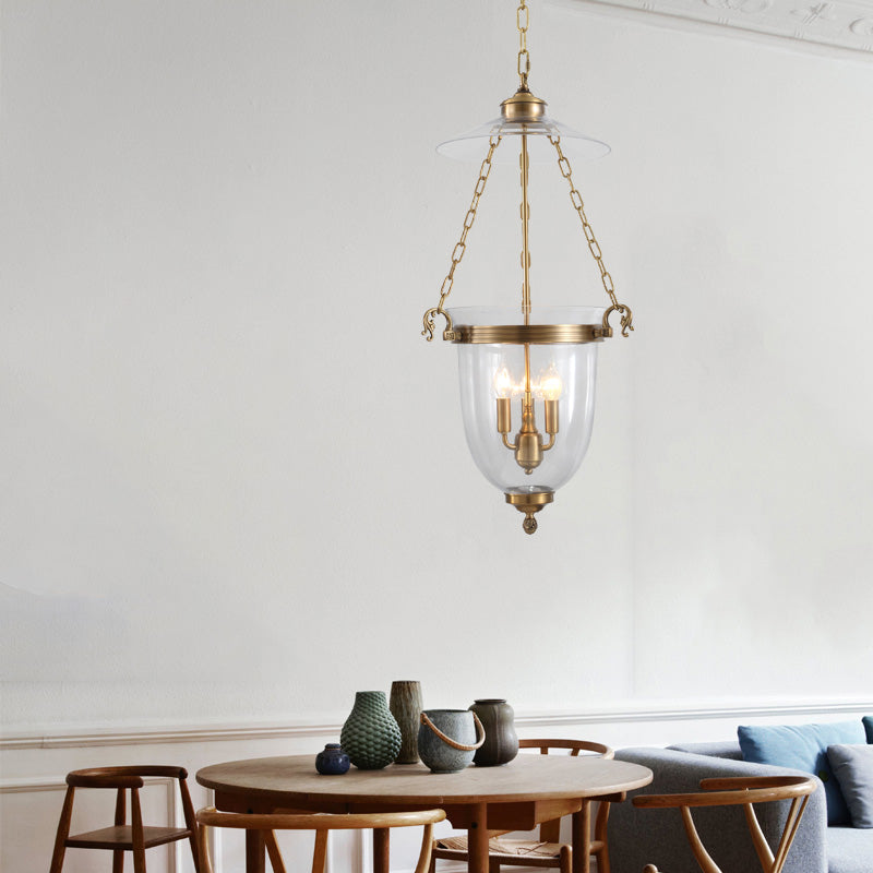 Clear Glass Candle Chandelier Lamp Colonial 3 Heads Living Room Pendant Light Fixture Clearhalo 'Ceiling Lights' 'Chandeliers' 'Glass shade' 'Glass' Lighting' 283623