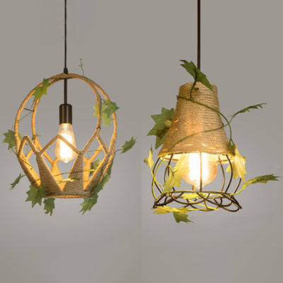 Oval/Teardrop Restaurant Pendant Lamp Industrial Style Rope 1 Light Beige Hanging Light with Artificial Leaf Clearhalo 'Ceiling Lights' 'Industrial Pendants' 'Industrial' 'Middle Century Pendants' 'Pendant Lights' 'Pendants' 'Tiffany' Lighting' 28363