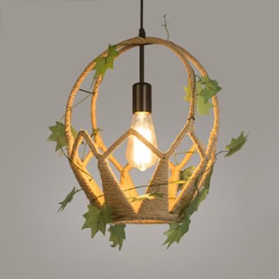 Oval/Teardrop Restaurant Pendant Lamp Industrial Style Rope 1 Light Beige Hanging Light with Artificial Leaf Beige Oval Clearhalo 'Ceiling Lights' 'Industrial Pendants' 'Industrial' 'Middle Century Pendants' 'Pendant Lights' 'Pendants' 'Tiffany' Lighting' 28364
