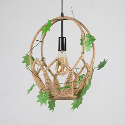 Oval/Teardrop Restaurant Pendant Lamp Industrial Style Rope 1 Light Beige Hanging Light with Artificial Leaf Clearhalo 'Ceiling Lights' 'Industrial Pendants' 'Industrial' 'Middle Century Pendants' 'Pendant Lights' 'Pendants' 'Tiffany' Lighting' 28365