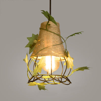 Oval/Teardrop Restaurant Pendant Lamp Industrial Style Rope 1 Light Beige Hanging Light with Artificial Leaf Clearhalo 'Ceiling Lights' 'Industrial Pendants' 'Industrial' 'Middle Century Pendants' 'Pendant Lights' 'Pendants' 'Tiffany' Lighting' 28366