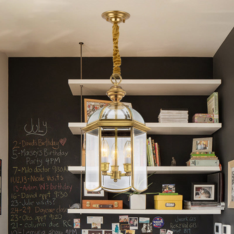 Colonial Lantern Hanging Pendant 3 Heads Clear Glass Chandelier Lighting Fixture for Hallway Gold A Clearhalo 'Ceiling Lights' 'Chandeliers' 'Glass shade' 'Glass' Lighting' 283672