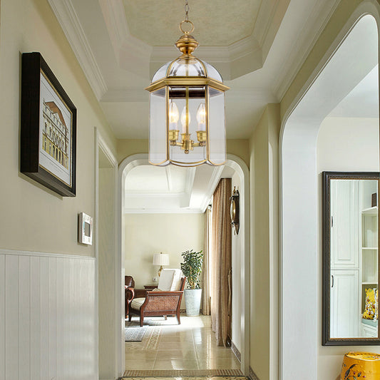 Colonial Lantern Hanging Pendant 3 Heads Clear Glass Chandelier Lighting Fixture for Hallway Clearhalo 'Ceiling Lights' 'Chandeliers' 'Glass shade' 'Glass' Lighting' 283674