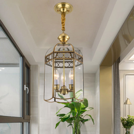 Colonial Lantern Hanging Pendant 3 Heads Clear Glass Chandelier Lighting Fixture for Hallway Gold B Clearhalo 'Ceiling Lights' 'Chandeliers' 'Glass shade' 'Glass' Lighting' 283677