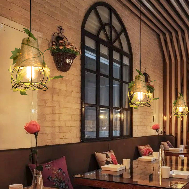 Oval/Teardrop Restaurant Pendant Lamp Industrial Style Rope 1 Light Beige Hanging Light with Artificial Leaf Beige Teardrop Clearhalo 'Ceiling Lights' 'Industrial Pendants' 'Industrial' 'Middle Century Pendants' 'Pendant Lights' 'Pendants' 'Tiffany' Lighting' 28368
