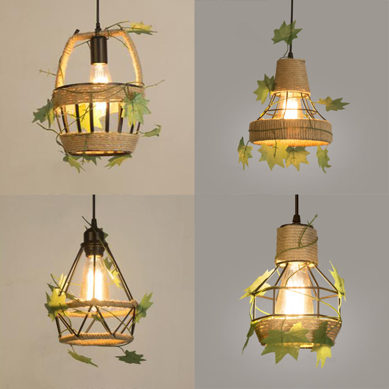 Beige 1 Light Hanging Lamp Country Style Metal and Rope Globe/Barrel Cage Pendant Lighting for Coffee Shop Clearhalo 'Ceiling Lights' 'Industrial Pendants' 'Industrial' 'Middle Century Pendants' 'Pendant Lights' 'Pendants' 'Tiffany' Lighting' 28369