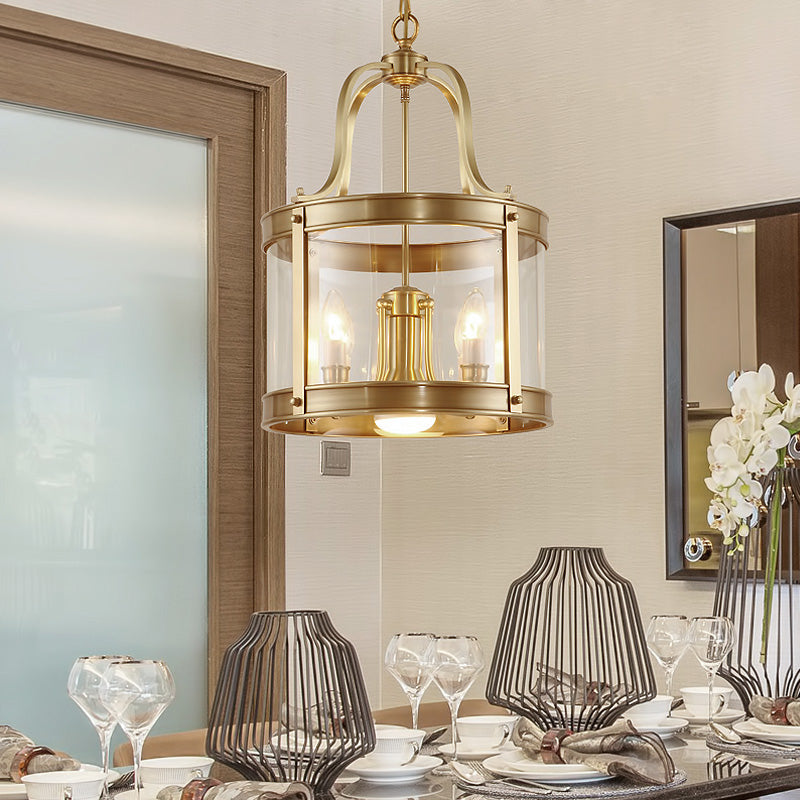 5 Lights Chandelier Pendant Light Colonial Drum Clear Glass Suspension Lamp for Living Room, 14.5"/18" W Clearhalo 'Ceiling Lights' 'Chandeliers' 'Glass shade' 'Glass' Lighting' 283699