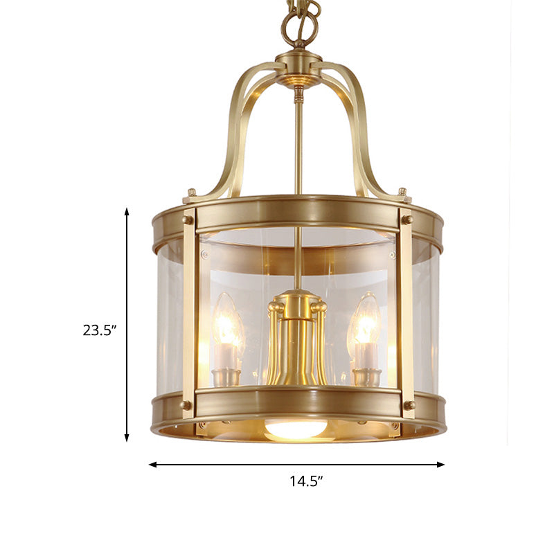 5 Lights Chandelier Pendant Light Colonial Drum Clear Glass Suspension Lamp for Living Room, 14.5"/18" W Clearhalo 'Ceiling Lights' 'Chandeliers' 'Glass shade' 'Glass' Lighting' 283701