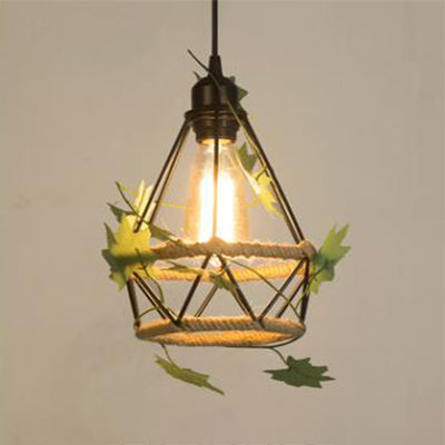 Beige 1 Light Hanging Lamp Country Style Metal and Rope Globe/Barrel Cage Pendant Lighting for Coffee Shop Beige Diamond Clearhalo 'Ceiling Lights' 'Industrial Pendants' 'Industrial' 'Middle Century Pendants' 'Pendant Lights' 'Pendants' 'Tiffany' Lighting' 28374