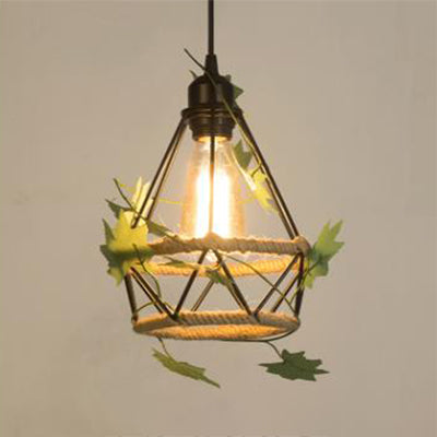 Beige 1 Light Hanging Lamp Country Style Metal and Rope Globe/Barrel Cage Pendant Lighting for Coffee Shop Beige Diamond Clearhalo 'Ceiling Lights' 'Industrial Pendants' 'Industrial' 'Middle Century Pendants' 'Pendant Lights' 'Pendants' 'Tiffany' Lighting' 28374