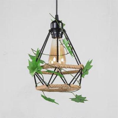 Beige 1 Light Hanging Lamp Country Style Metal and Rope Globe/Barrel Cage Pendant Lighting for Coffee Shop Clearhalo 'Ceiling Lights' 'Industrial Pendants' 'Industrial' 'Middle Century Pendants' 'Pendant Lights' 'Pendants' 'Tiffany' Lighting' 28375