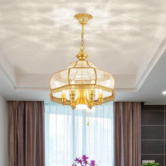 Curved Dining Room Ceiling Chandelier Colonial Clear Glass 7 Heads Gold Hanging Light Fixture Gold Clearhalo 'Ceiling Lights' 'Chandeliers' 'Glass shade' 'Glass' Lighting' 283752