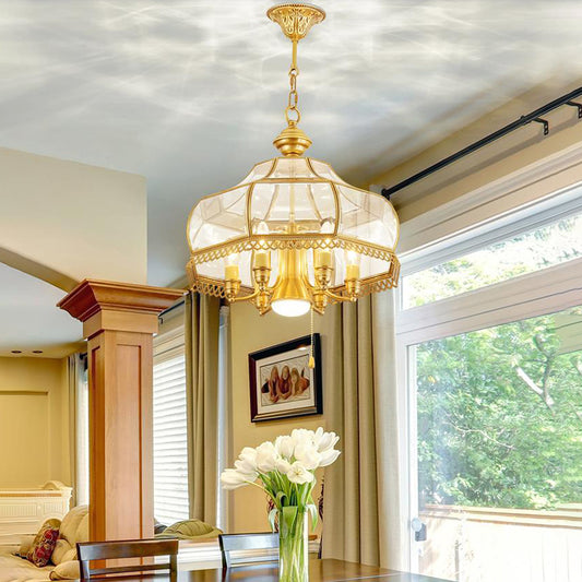 Curved Dining Room Ceiling Chandelier Colonial Clear Glass 7 Heads Gold Hanging Light Fixture Clearhalo 'Ceiling Lights' 'Chandeliers' 'Glass shade' 'Glass' Lighting' 283754