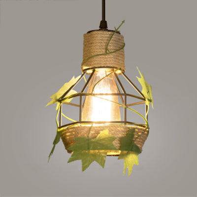 Beige 1 Light Hanging Lamp Country Style Metal and Rope Globe/Barrel Cage Pendant Lighting for Coffee Shop Beige Globe Clearhalo 'Ceiling Lights' 'Industrial Pendants' 'Industrial' 'Middle Century Pendants' 'Pendant Lights' 'Pendants' 'Tiffany' Lighting' 28376