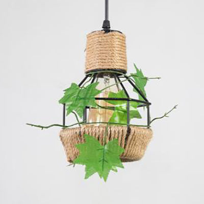 Beige 1 Light Hanging Lamp Country Style Metal and Rope Globe/Barrel Cage Pendant Lighting for Coffee Shop Clearhalo 'Ceiling Lights' 'Industrial Pendants' 'Industrial' 'Middle Century Pendants' 'Pendant Lights' 'Pendants' 'Tiffany' Lighting' 28377