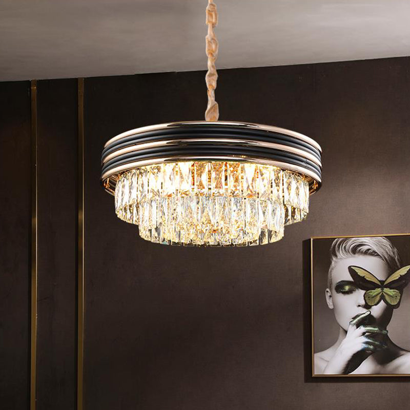 3-Tier Round Chandelier Light Modernism Crystal Block 9/11 Heads 18"/21.5" Wide Black Pendant Light Black Clearhalo 'Ceiling Lights' 'Chandeliers' 'Modern Chandeliers' 'Modern' Lighting' 283810