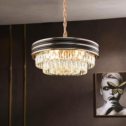 3-Tier Round Chandelier Light Modernism Crystal Block 9/11 Heads 18"/21.5" Wide Black Pendant Light Black Clearhalo 'Ceiling Lights' 'Chandeliers' 'Modern Chandeliers' 'Modern' Lighting' 283810