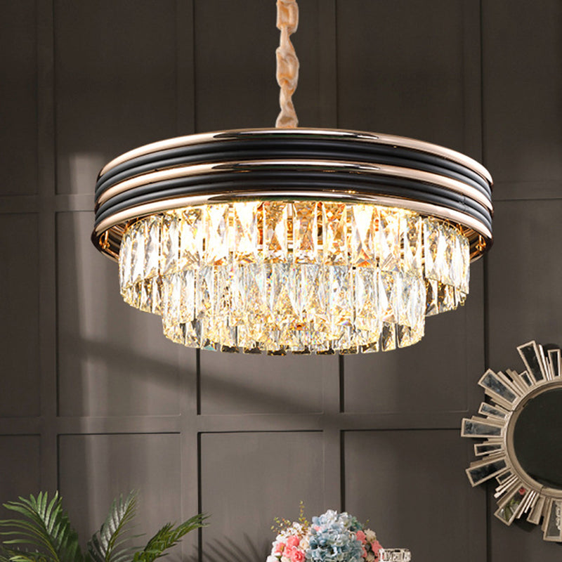 3-Tier Round Chandelier Light Modernism Crystal Block 9/11 Heads 18"/21.5" Wide Black Pendant Light Clearhalo 'Ceiling Lights' 'Chandeliers' 'Modern Chandeliers' 'Modern' Lighting' 283811