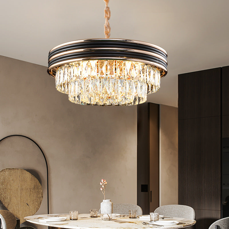 3-Tier Round Chandelier Light Modernism Crystal Block 9/11 Heads 18"/21.5" Wide Black Pendant Light Clearhalo 'Ceiling Lights' 'Chandeliers' 'Modern Chandeliers' 'Modern' Lighting' 283812