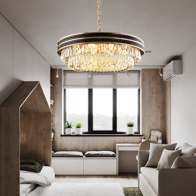 3-Tier Round Chandelier Light Modernism Crystal Block 9/11 Heads 18"/21.5" Wide Black Pendant Light Clearhalo 'Ceiling Lights' 'Chandeliers' 'Modern Chandeliers' 'Modern' Lighting' 283817