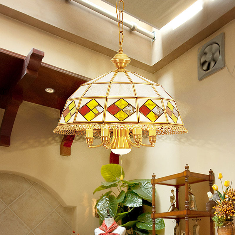 Frosted Glass Red Chandelier Lamp Dome 7 Lights Colonialism Down Lighting Pendant Red Clearhalo 'Ceiling Lights' 'Chandeliers' 'Glass shade' 'Glass' Lighting' 283821