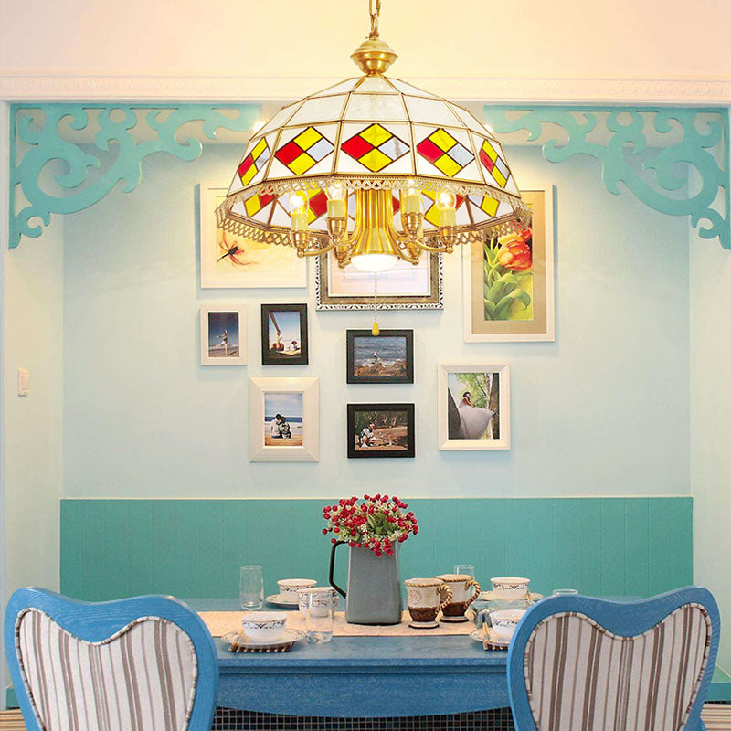 Frosted Glass Red Chandelier Lamp Dome 7 Lights Colonialism Down Lighting Pendant Clearhalo 'Ceiling Lights' 'Chandeliers' 'Glass shade' 'Glass' Lighting' 283823