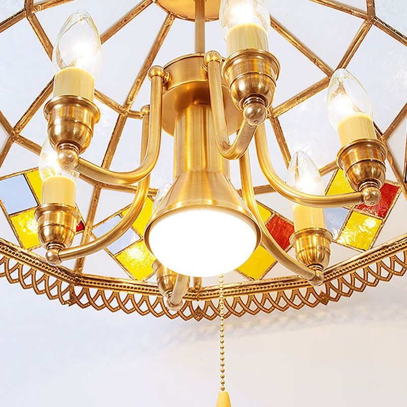 Frosted Glass Red Chandelier Lamp Dome 7 Lights Colonialism Down Lighting Pendant Clearhalo 'Ceiling Lights' 'Chandeliers' 'Glass shade' 'Glass' Lighting' 283826