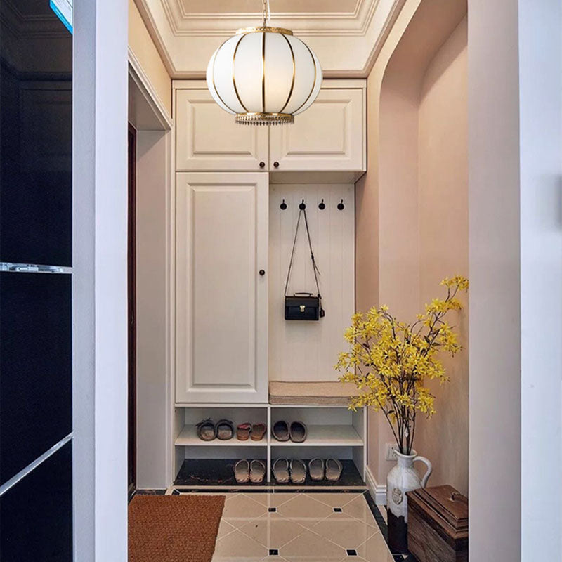 Colonial Lantern Hanging Pendant 3/6 Heads White Glass Chandelier Lighting Fixture for Bedroom, 16"/19.5" Wide Clearhalo 'Ceiling Lights' 'Chandeliers' 'Glass shade' 'Glass' Lighting' 283853