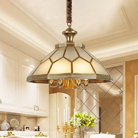 3/7 Lights Chandelier Pendant Light Colonial Conical Ivory Glass Suspension Lamp in Gold for Restaurant, 13"/20.5" W Gold Clearhalo 'Ceiling Lights' 'Chandeliers' 'Glass shade' 'Glass' Lighting' 283858