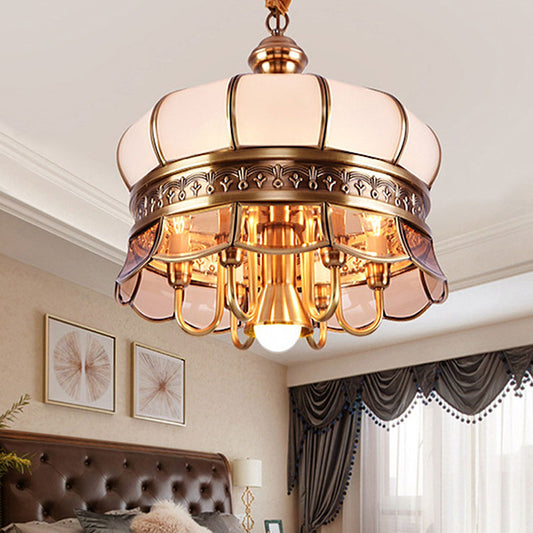 Scalloped Living Room Ceiling Chandelier Colonial Milky Glass 5/7 Heads Gold Hanging Light Fixture 7 Gold Clearhalo 'Ceiling Lights' 'Chandeliers' 'Glass shade' 'Glass' Lighting' 283897