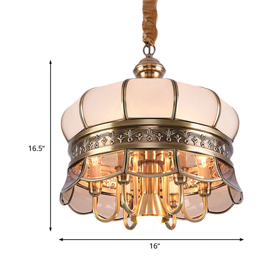 Scalloped Living Room Ceiling Chandelier Colonial Milky Glass 5/7 Heads Gold Hanging Light Fixture Clearhalo 'Ceiling Lights' 'Chandeliers' 'Glass shade' 'Glass' Lighting' 283900