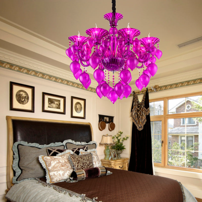 Candelabra Crystal Drop Ceiling Light Traditional 6 Heads Living Room Chandelier Lighting in Blue/Purple/Red Crystal Clearhalo 'Ceiling Lights' 'Chandeliers' Lighting' options 283915