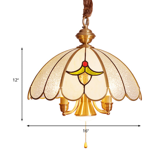 5 Bulbs Scallop Pendant Lamp Colonial Gold Frosted Glass Chandelier Light Fixture for Study Room Clearhalo 'Ceiling Lights' 'Chandeliers' 'Glass shade' 'Glass' Lighting' 283959
