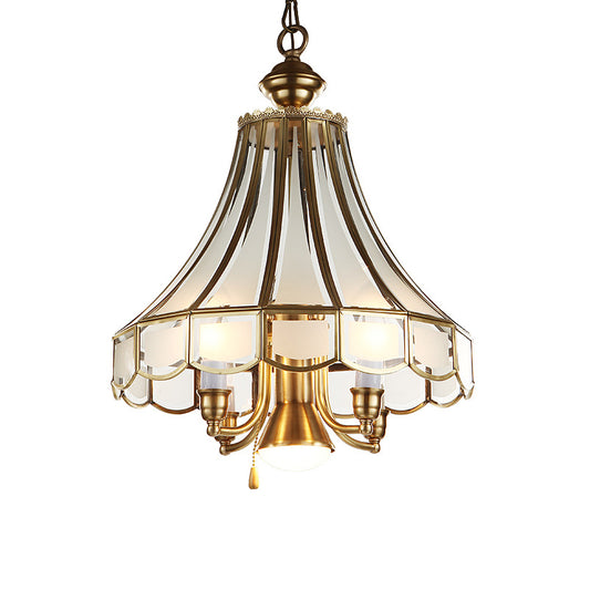 Brass Scallop Chandelier Pendant Light Colonial Sandblasted Glass 5 Lights Study Room Suspension Lamp Clearhalo 'Ceiling Lights' 'Chandeliers' 'Glass shade' 'Glass' Lighting' 283976