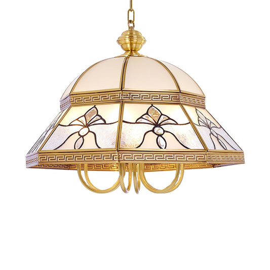 Colonial Dome Hanging Pendant 6 Heads Sandblasted Glass Chandelier Lighting Fixture in Gold for Bedroom Clearhalo 'Ceiling Lights' 'Chandeliers' 'Glass shade' 'Glass' Lighting' 284014
