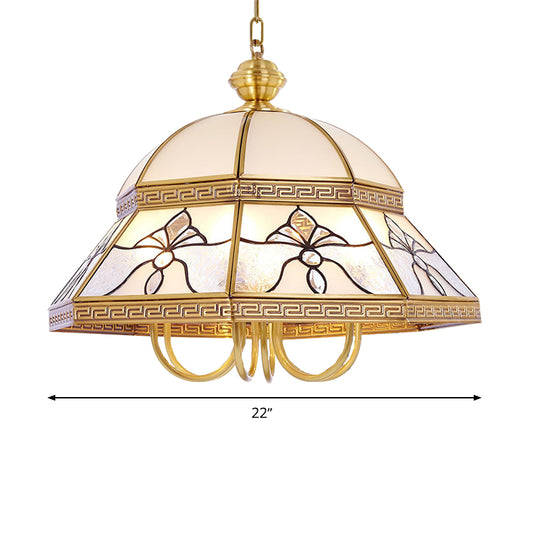Colonial Dome Hanging Pendant 6 Heads Sandblasted Glass Chandelier Lighting Fixture in Gold for Bedroom Clearhalo 'Ceiling Lights' 'Chandeliers' 'Glass shade' 'Glass' Lighting' 284015