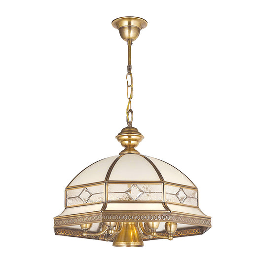 7 Bulbs Sandblasted Glass Chandelier Colonial Gold Dome Living Room Pendant Lighting Fixture Clearhalo 'Ceiling Lights' 'Chandeliers' 'Close To Ceiling Lights' 'Glass shade' 'Glass' Lighting' 284030