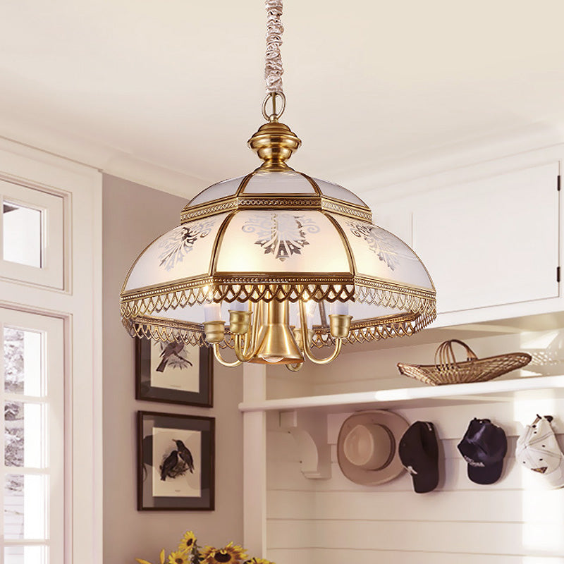 Gold 7 Heads Chandelier Lighting Colonialism Mouth Blown Opaline Glass Dome Pendant Ceiling Light for Dining Room Gold Clearhalo 'Ceiling Lights' 'Chandeliers' 'Glass shade' 'Glass' Lighting' 284044