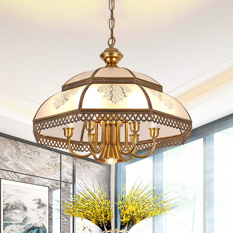 Gold 7 Heads Chandelier Lighting Colonialism Mouth Blown Opaline Glass Dome Pendant Ceiling Light for Dining Room Clearhalo 'Ceiling Lights' 'Chandeliers' 'Glass shade' 'Glass' Lighting' 284045