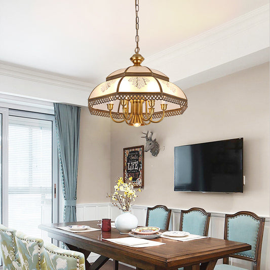 Gold 7 Heads Chandelier Lighting Colonialism Mouth Blown Opaline Glass Dome Pendant Ceiling Light for Dining Room Clearhalo 'Ceiling Lights' 'Chandeliers' 'Glass shade' 'Glass' Lighting' 284046