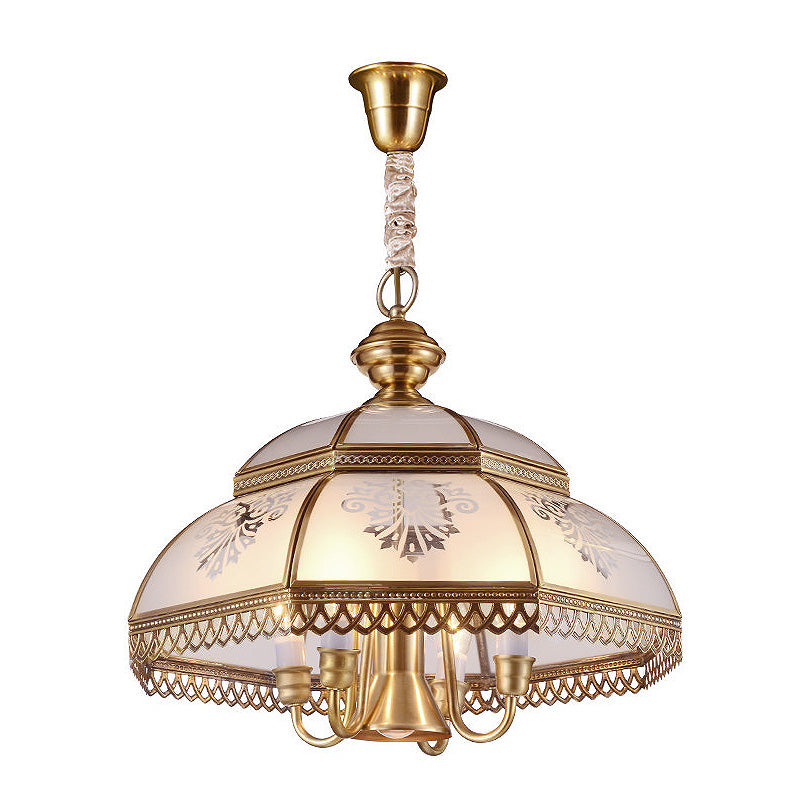 Gold 7 Heads Chandelier Lighting Colonialism Mouth Blown Opaline Glass Dome Pendant Ceiling Light for Dining Room Clearhalo 'Ceiling Lights' 'Chandeliers' 'Glass shade' 'Glass' Lighting' 284047