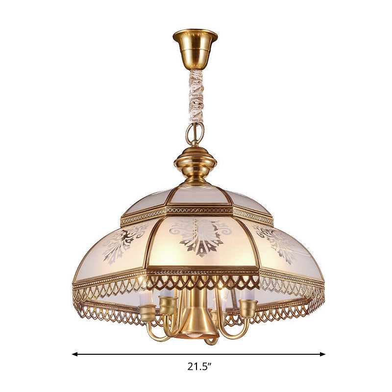 Gold 7 Heads Chandelier Lighting Colonialism Mouth Blown Opaline Glass Dome Pendant Ceiling Light for Dining Room Clearhalo 'Ceiling Lights' 'Chandeliers' 'Glass shade' 'Glass' Lighting' 284048