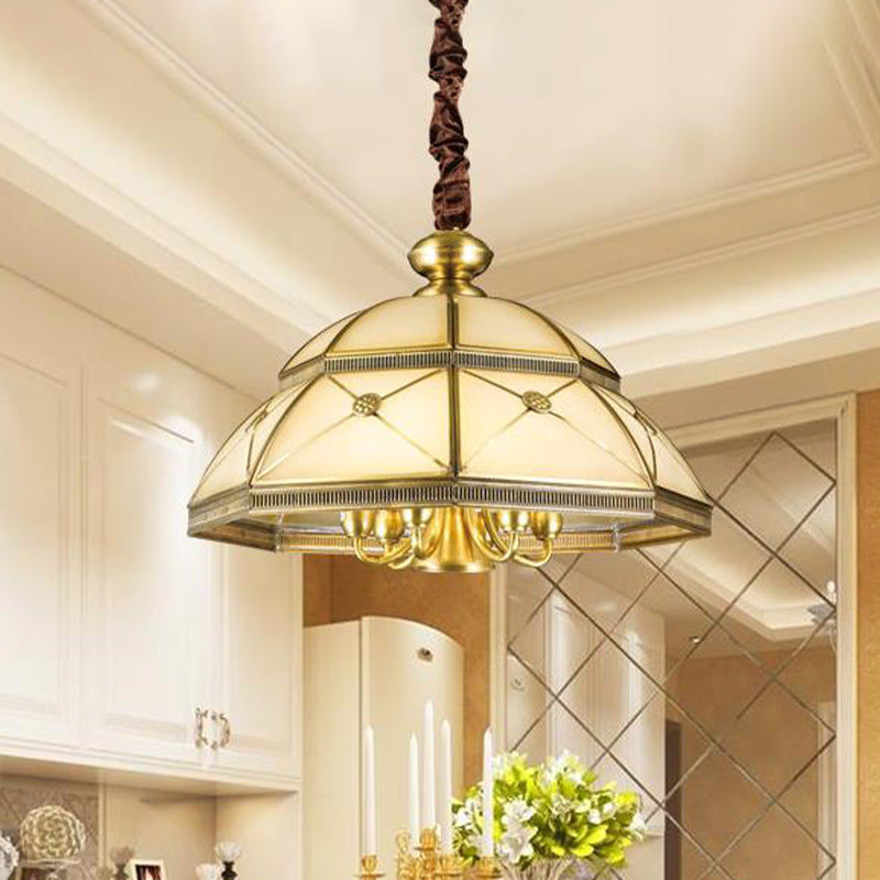Frosted Glass Gold Pendant Chandelier Bowl 7 Lights Colonialism Ceiling Hang Fixture for Kitchen Gold Clearhalo 'Ceiling Lights' 'Chandeliers' 'Glass shade' 'Glass' Lighting' 284050