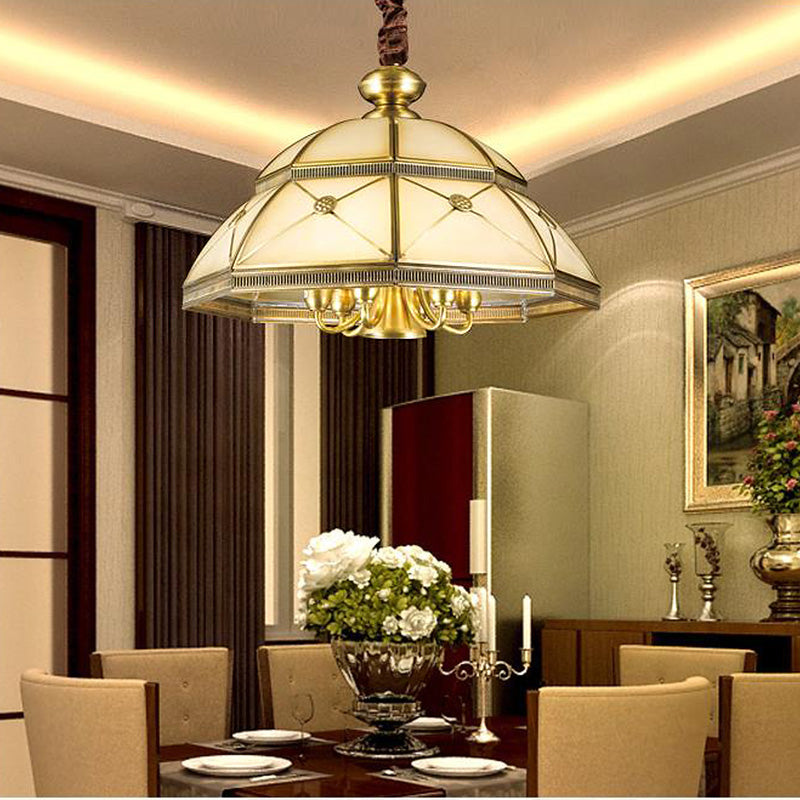 Frosted Glass Gold Pendant Chandelier Bowl 7 Lights Colonialism Ceiling Hang Fixture for Kitchen Clearhalo 'Ceiling Lights' 'Chandeliers' 'Glass shade' 'Glass' Lighting' 284052
